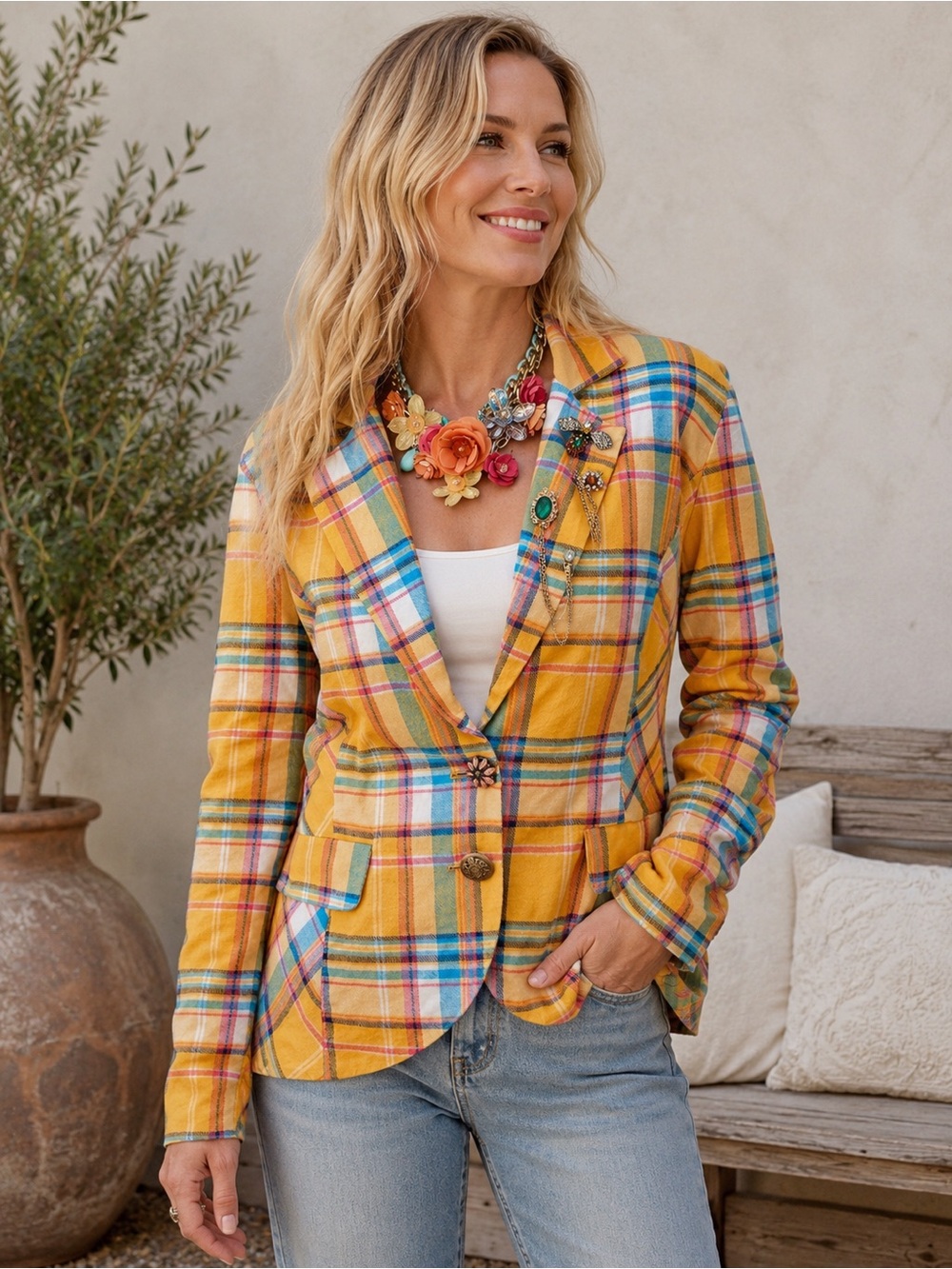 Aratta Mustard Dulce Plaid Blazer Large NWT